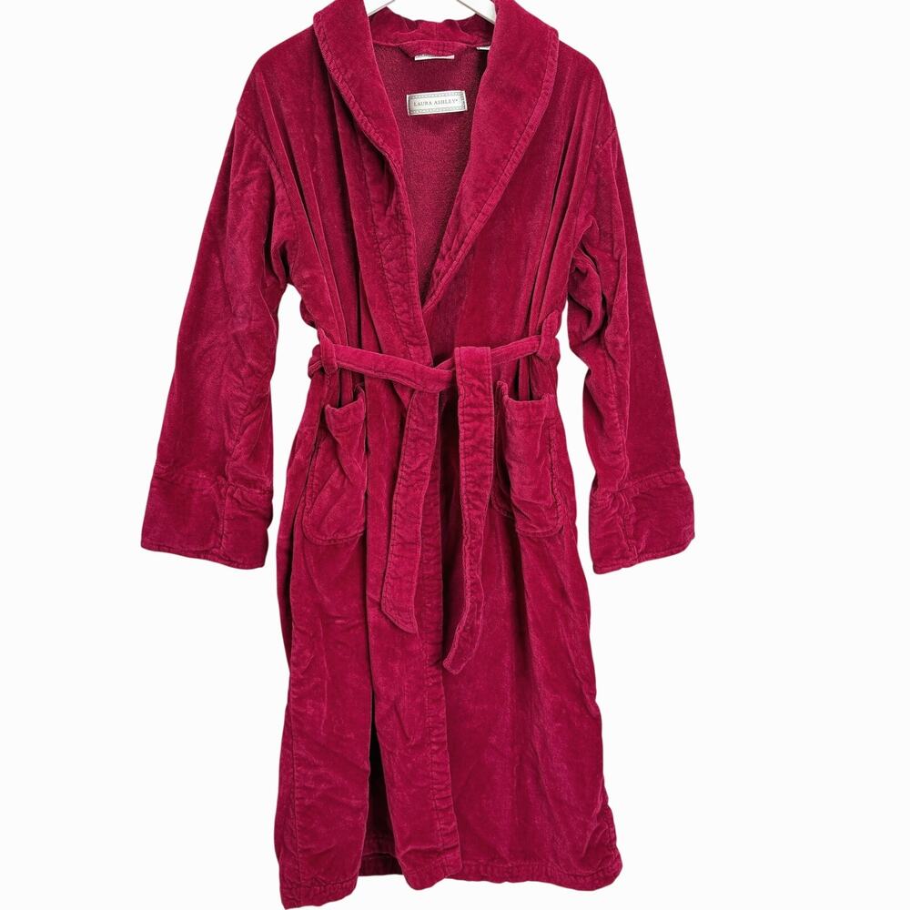 Laura Ashley Womens Plush Terry Bath Robe One Size Dark Red 100% Cotton